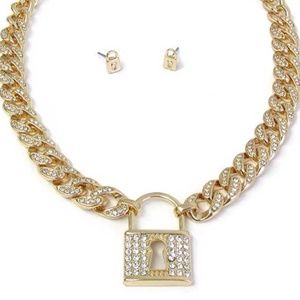 Lock Cuban Crystal Gold Plated Necklace